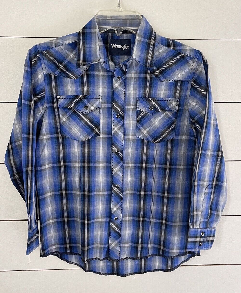 Wrangler Blue Plaid Button Up Shirt Black Pearl Snap Western Youth Large